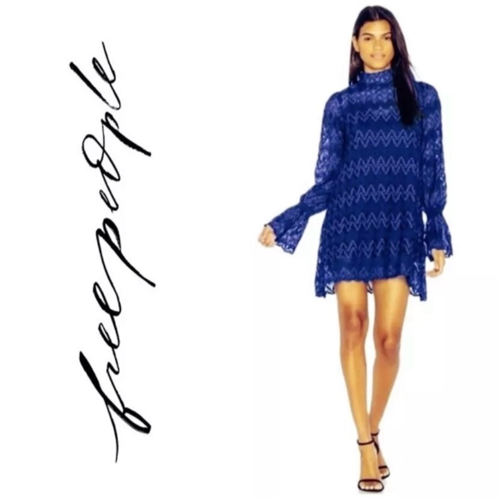 Free People Simone Mock Neck Mini Dress Cobalt Blue XS